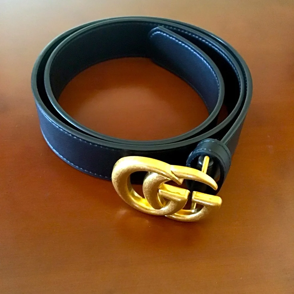 Gucci GG black leather belt with golden logo 32 - Picture 2 of 6